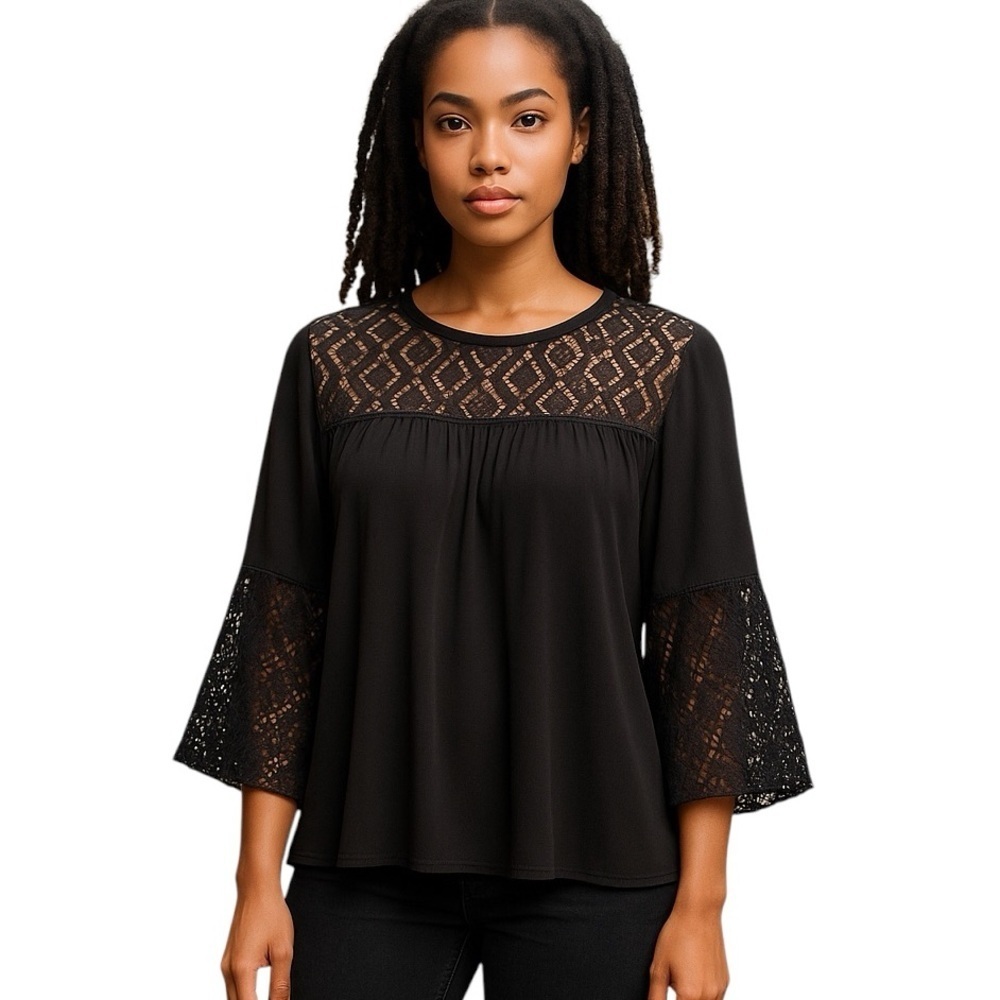 Michael Michael Kors Black Lace Trim Bell Sleeve Pullover Top Women’s Medium